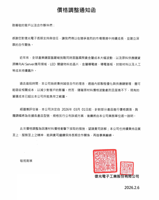 亿光价格调整通知